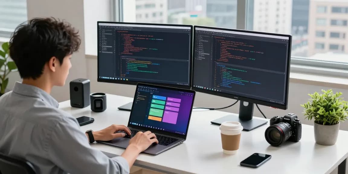 Focused developer using coding software for WhatsApp下載 in a modern workspace with tech gadgets.