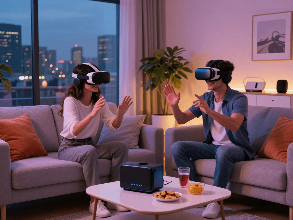 Couple experiencing ai sex in a virtual reality setting, showcasing modern digital relationships.