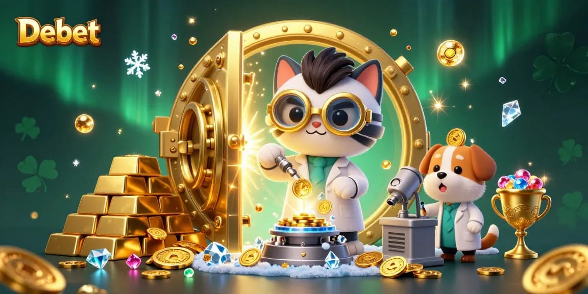Engage with Debet's thrilling casino experience featuring a vibrant 3D scene of mad scientist cat and dog creating gold!