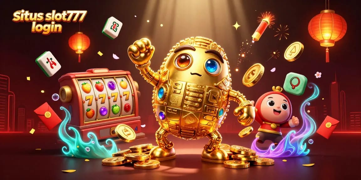 Experience exciting wins with situs slot777 login featuring vibrant slot game elements in a lively 3D scene.