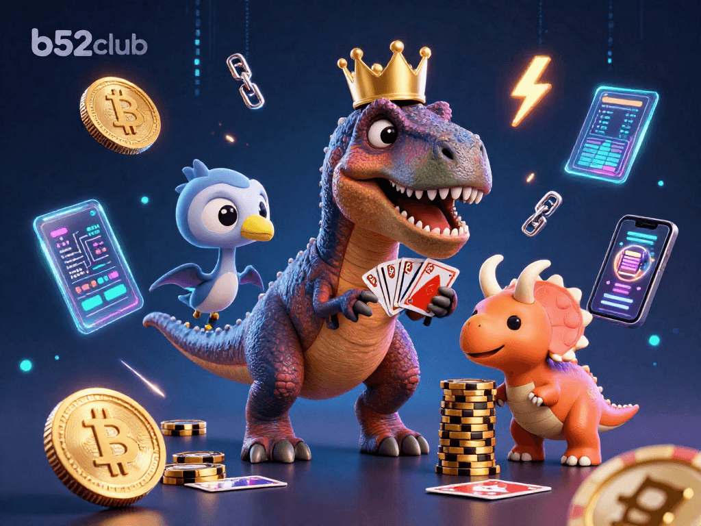 Engage at b52club with a lively T-Rex, pterodactyl, and triceratops in a dynamic crypto casino scene.
