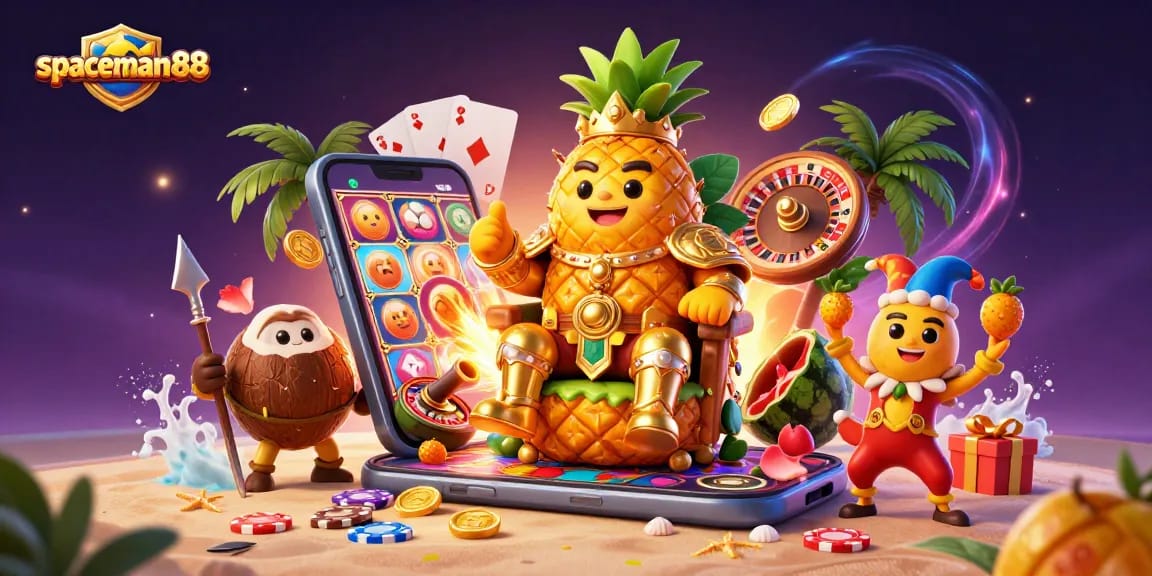 Experience the vibrant world of spaceman88 with a golden pineapple king and dynamic casino elements.
