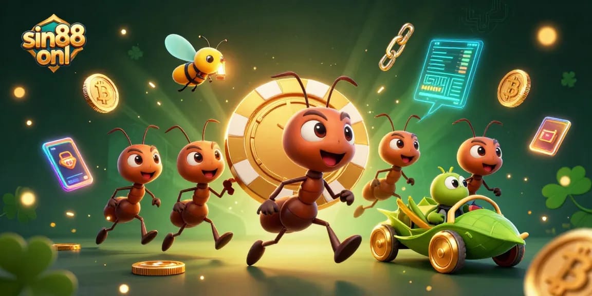 Ants executing a heist in sin88 onl, carrying a giant poker chip surrounded by crypto elements