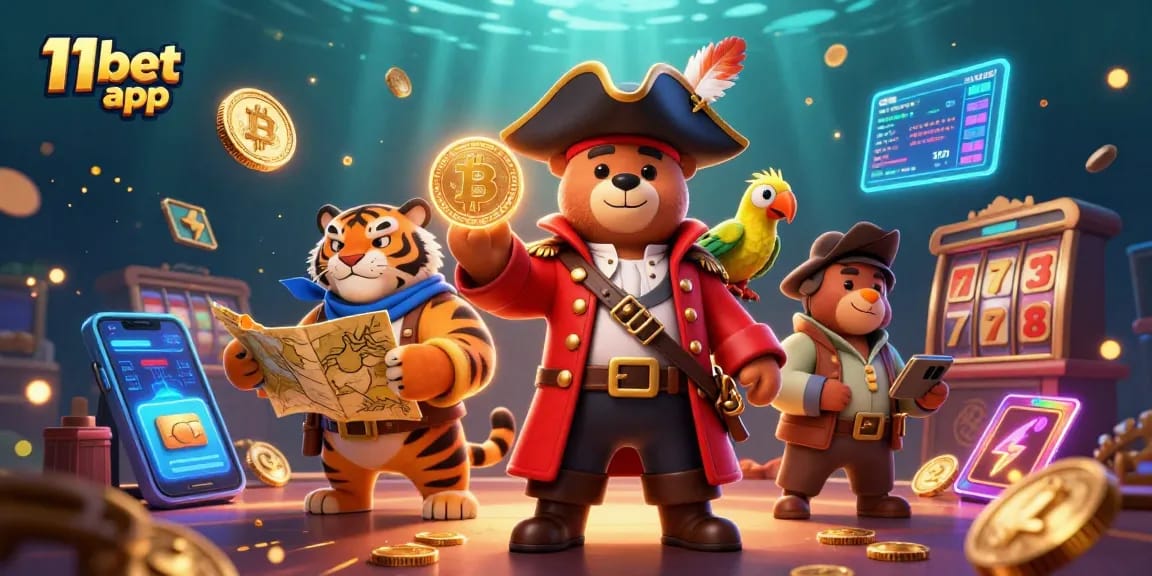 Engage with thrilling gaming experiences through the 11bet app, showcasing a cartoon casino scene with vibrant slot reels and characters.