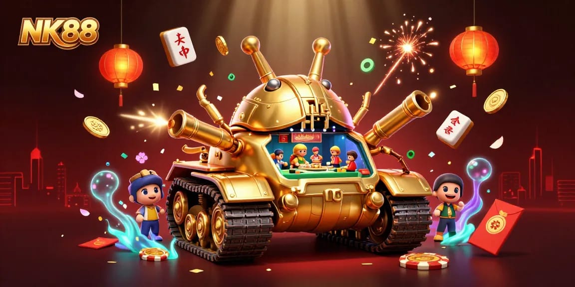 Experience the thrill of online gaming at NK88 with a vivid, animated casino tank scene.