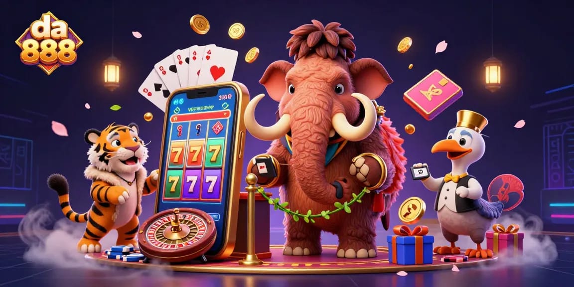 Engage in thrilling gameplay with da 888 as vibrant casino characters and games light up the scene.