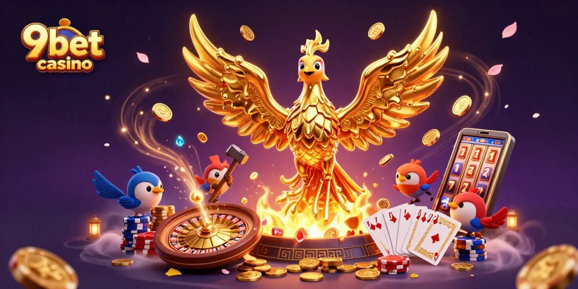 Experience thrilling gaming action at 9bet casino with a phoenix rising from gold.