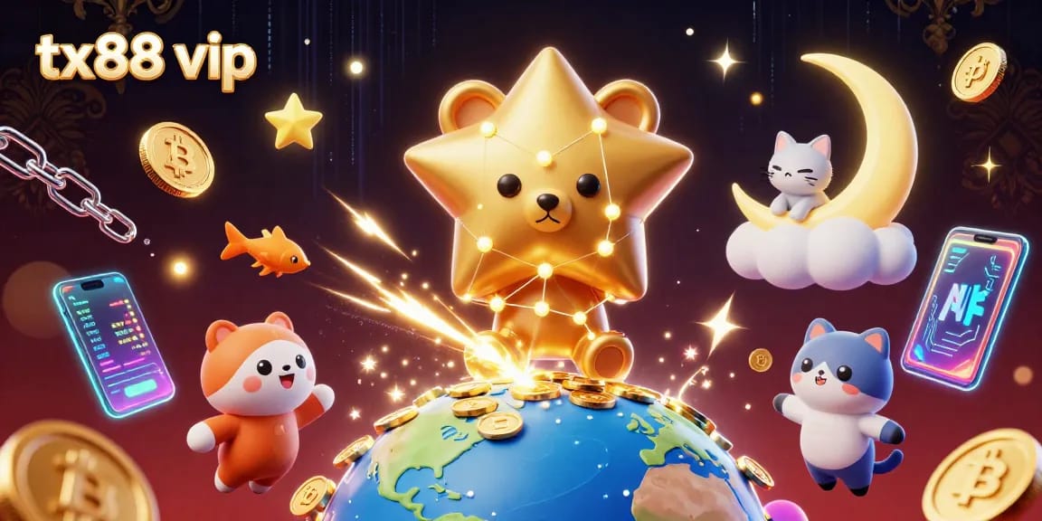 Experience tx88 vip with 3D constellation bear in a vibrant casino scene filled with crypto coins.