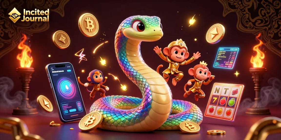 Engage with the Incited Journal's vibrant casino illustration showcasing a colorful serpent and golden monkey king amidst dynamic gambling symbols.