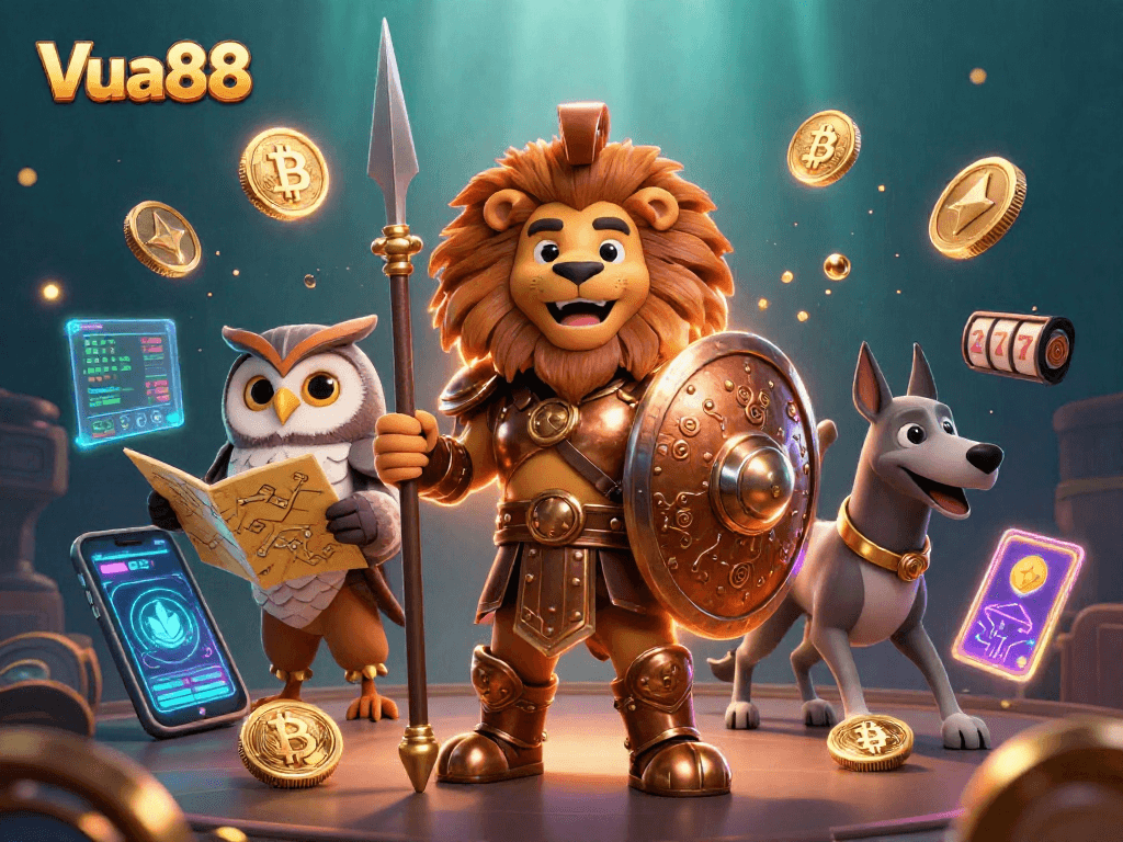 Engage with Vua88's thrilling slot games featuring dynamic characters and crypto elements.