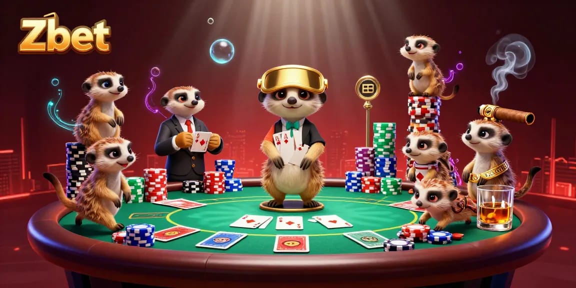 Zbet casino scene with playful meerkats engaging in gambling activities around a poker table.