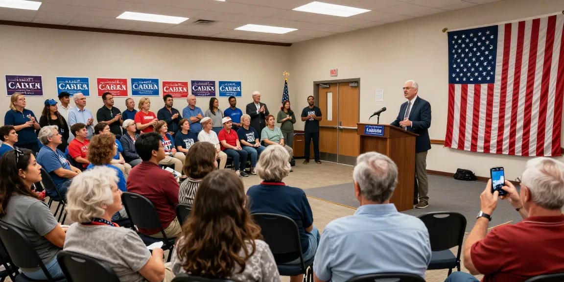 Casey Askar speaking at a town hall meeting, engaging voters in FL-22