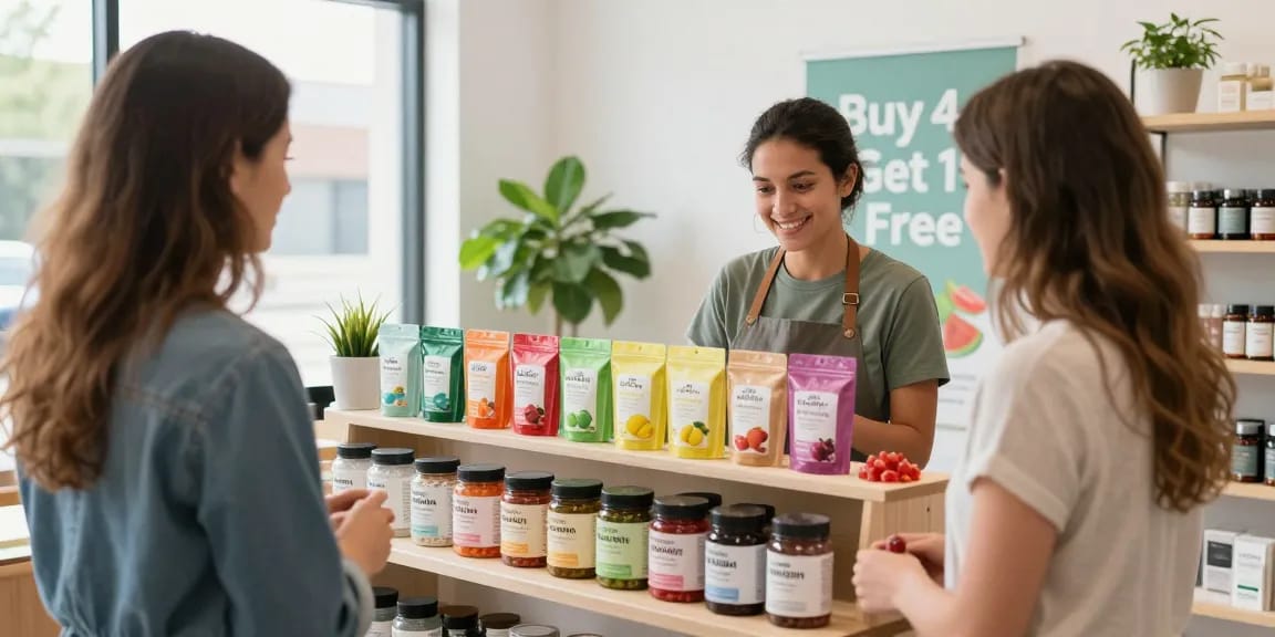 Customers selecting CBD North cbd gummies in a bright, inviting retail space, showcasing vibrant fruit flavors.