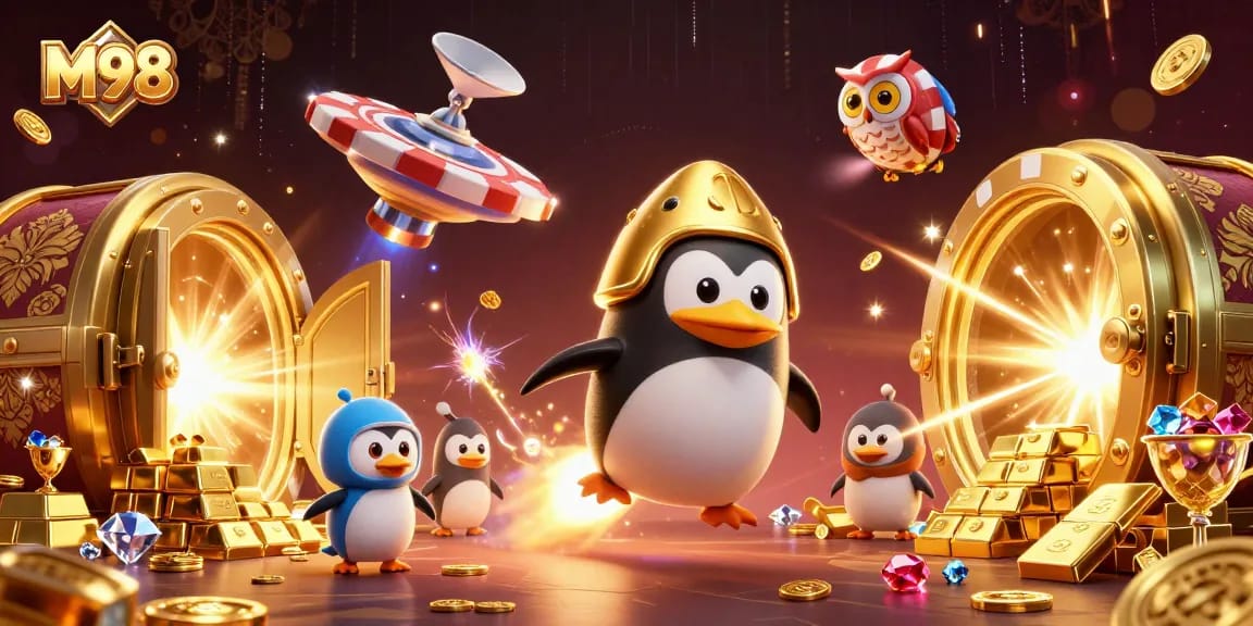 M98 offers a thrilling gaming experience, featuring dynamic casino elements and a vibrant penguin character in action.