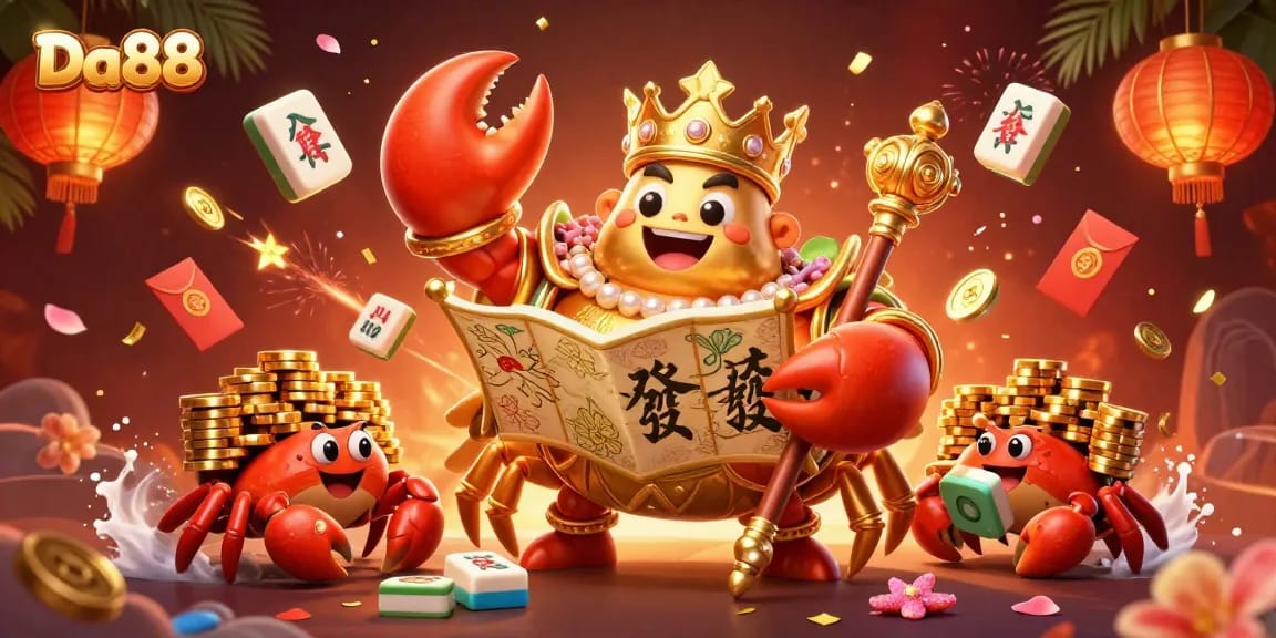 Experience the excitement of Da88 with a golden crab emperor amidst vibrant casino elements.