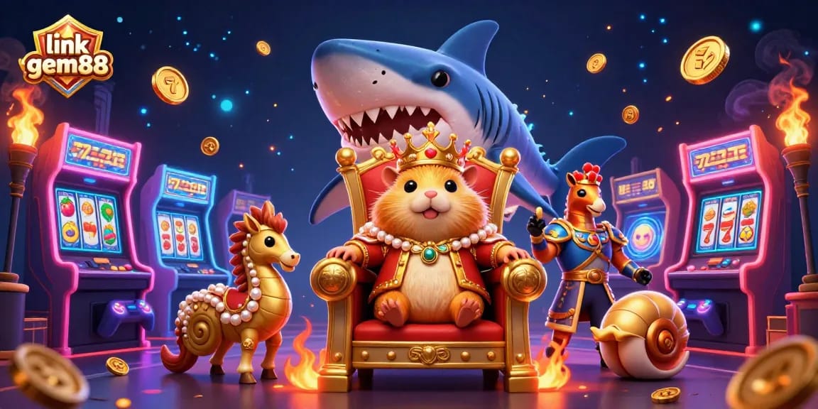 Experience thrilling gameplay at link gem88 with a golden hamster king and vibrant casino elements.