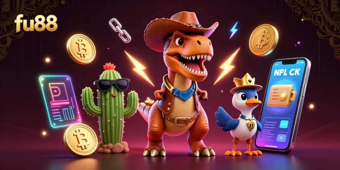 Experience the thrill of fu88 with a vibrant 3D illustration of a cowboy dinosaur and friends in a dynamic crypto casino.