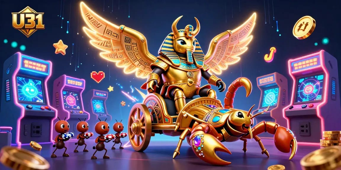 Join the winning fun at U31 Casino with vibrant gaming elements featuring a colossal scarab beetle.