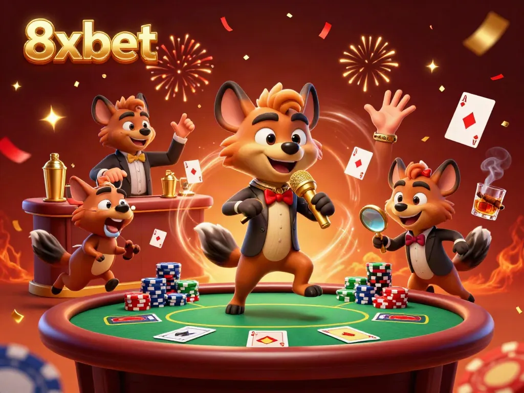 Experience the excitement of 8xbet at a lively comedy casino club with playful hyenas.