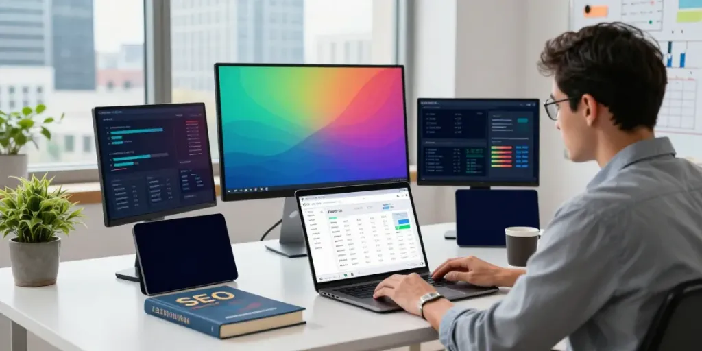 SEO expert analyzing instant indexing data in a digital marketing office