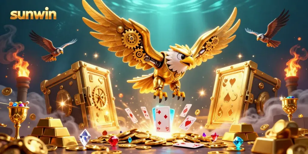 Experience sunwin's thrilling casino adventure with a golden eagle amidst treasure and gaming action.