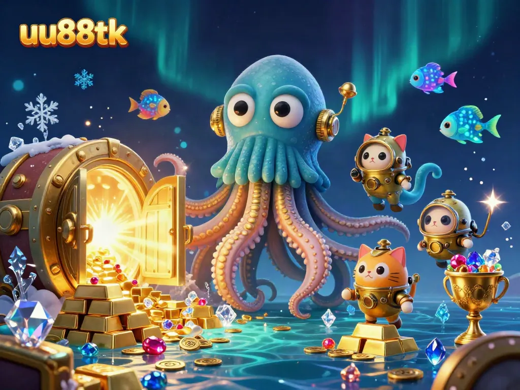 Engage in thrilling gambling adventures with uu88tk featuring a cartoon kraken and treasures!