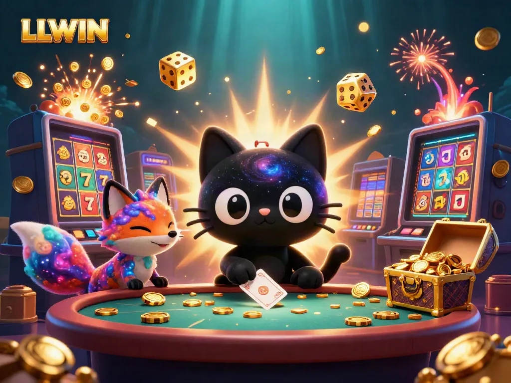 LLWIN showcases a dynamic cosmic casino scene with a black hole cat and nebula fox, illustrating an immersive gaming environment.