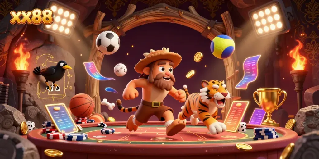 Experience thrilling moments at xx88 with a vibrant casino scene featuring iconic characters and dynamic game elements.