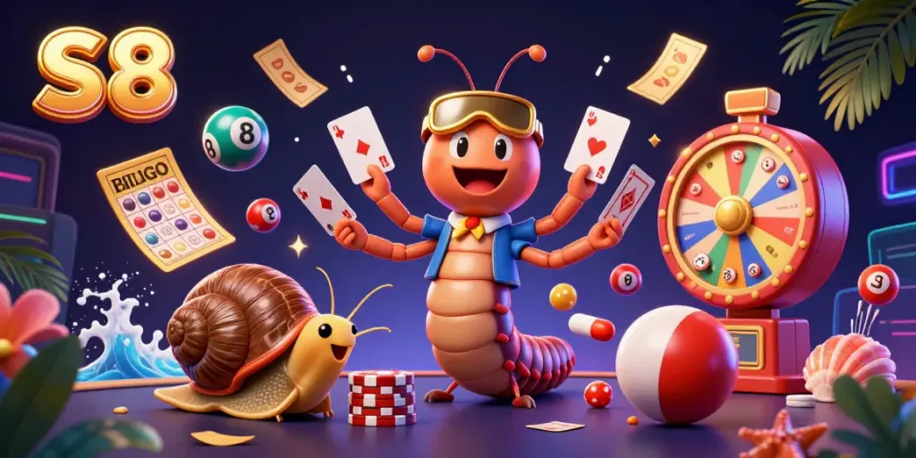 Experience vibrant gaming action at S8 with dynamic characters and colorful casino elements.