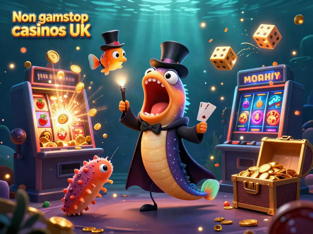 Showcase of Non gamstop casinos UK with vibrant 3D characters, dynamic gaming elements, and a magical atmosphere