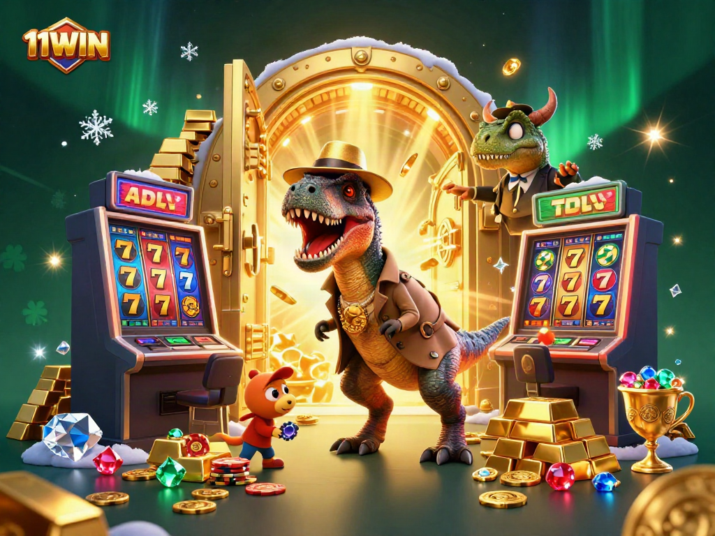 11WIN slot machine scene featuring a sneaky velociraptor and stegosaurus, rich details and sparkles