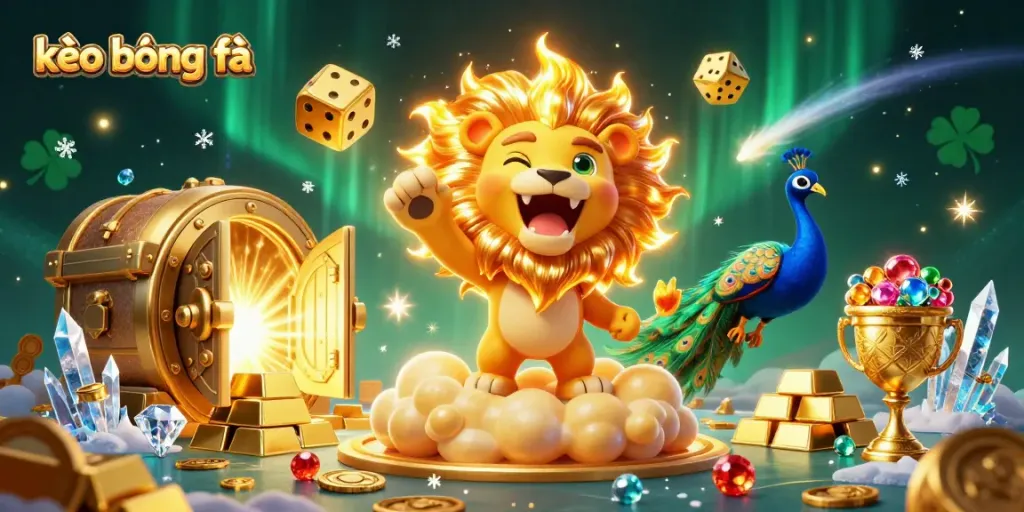 Engaging illustration of kèo bóng đá with a lion, golden dice, and vibrant casino elements.
