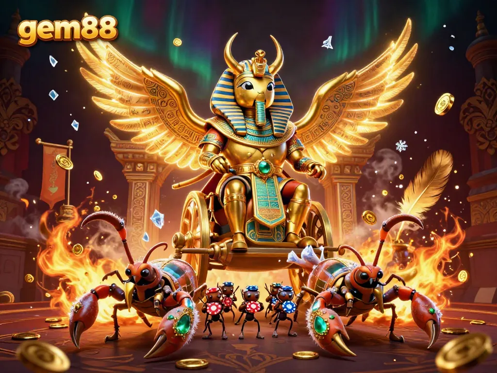 Experience thrilling gameplay at gem88 with the colossal golden scarab beetle leading the action.