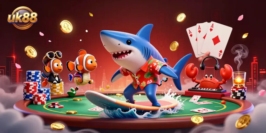 Experience excitement at uk88 with a vibrant 3D scene featuring a shark and friends amidst dynamic gambling elements.