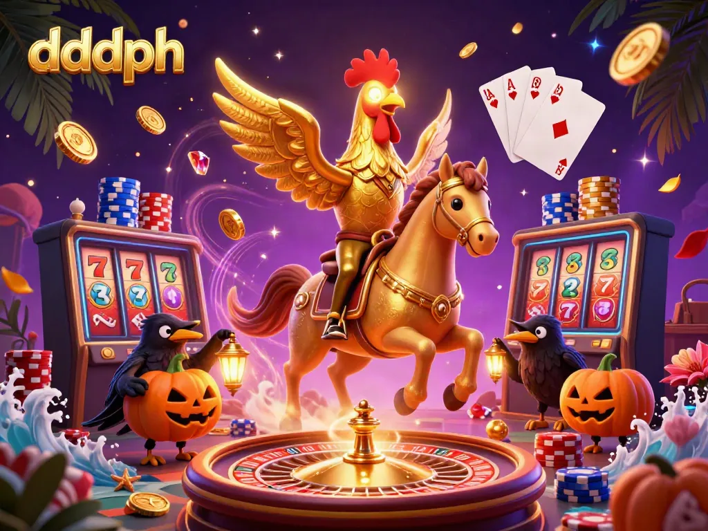 Experience dddph with a golden rooster riding through a vibrant 3D casino full of light and excitement.