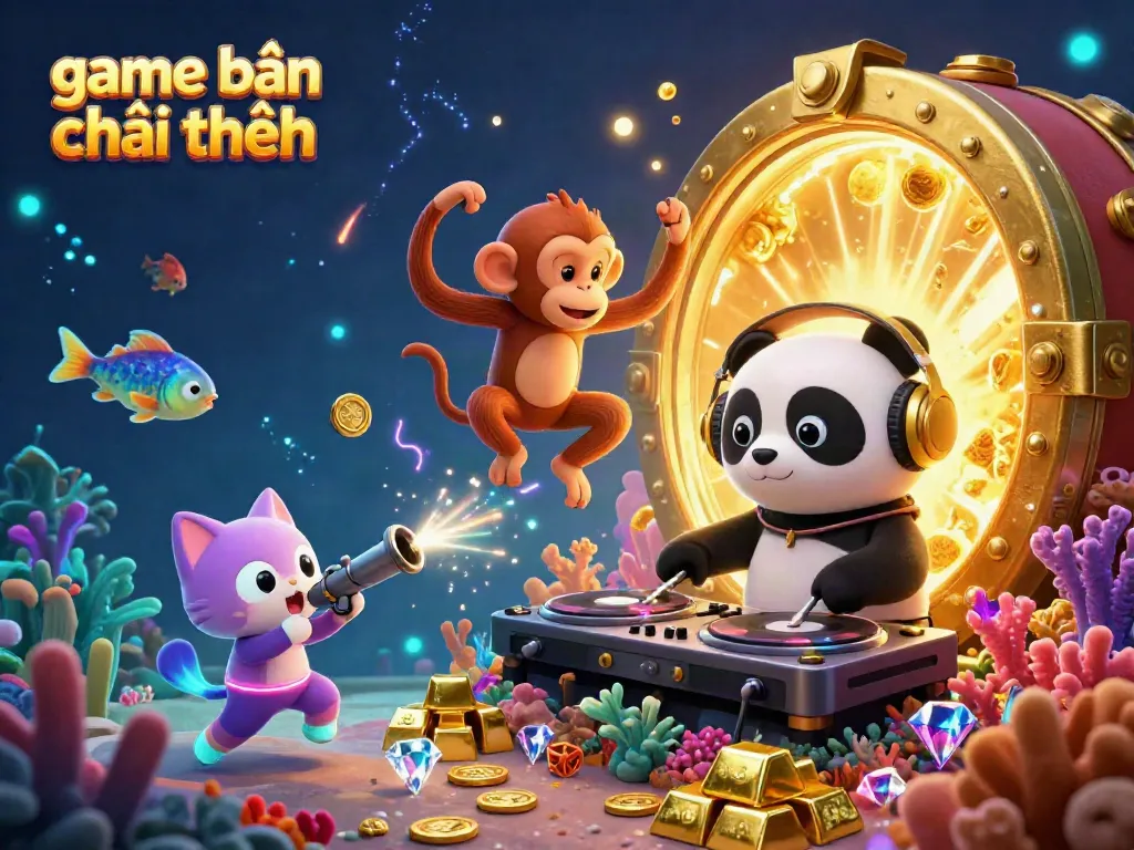 Engage in game bắn cá đổi thưởng as a DJ panda and friends find treasure in dynamic underwater action.