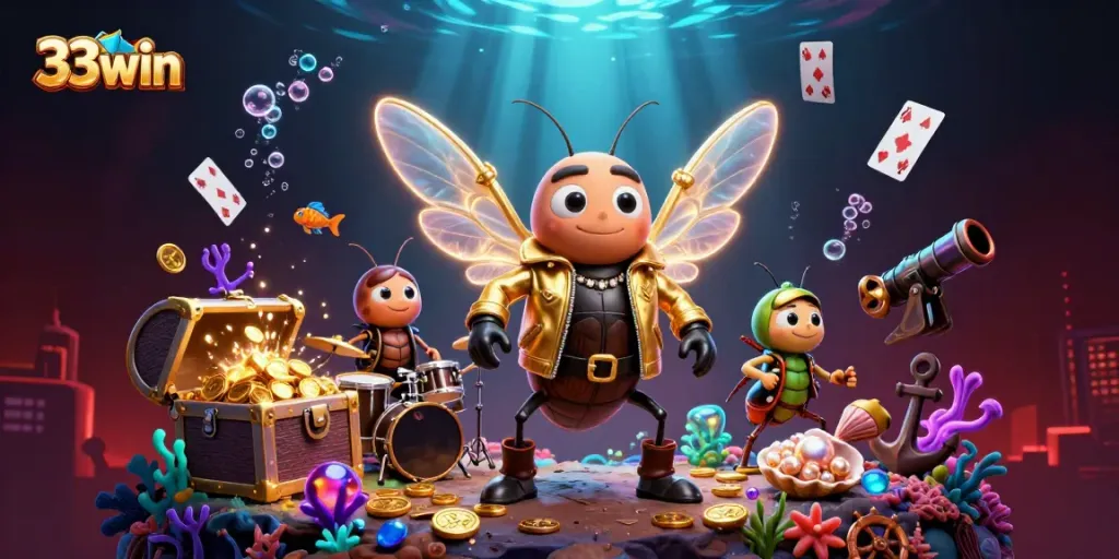 Engage in the thrilling adventures of 33win with a vibrant 3D illustration showcasing fun casino elements.