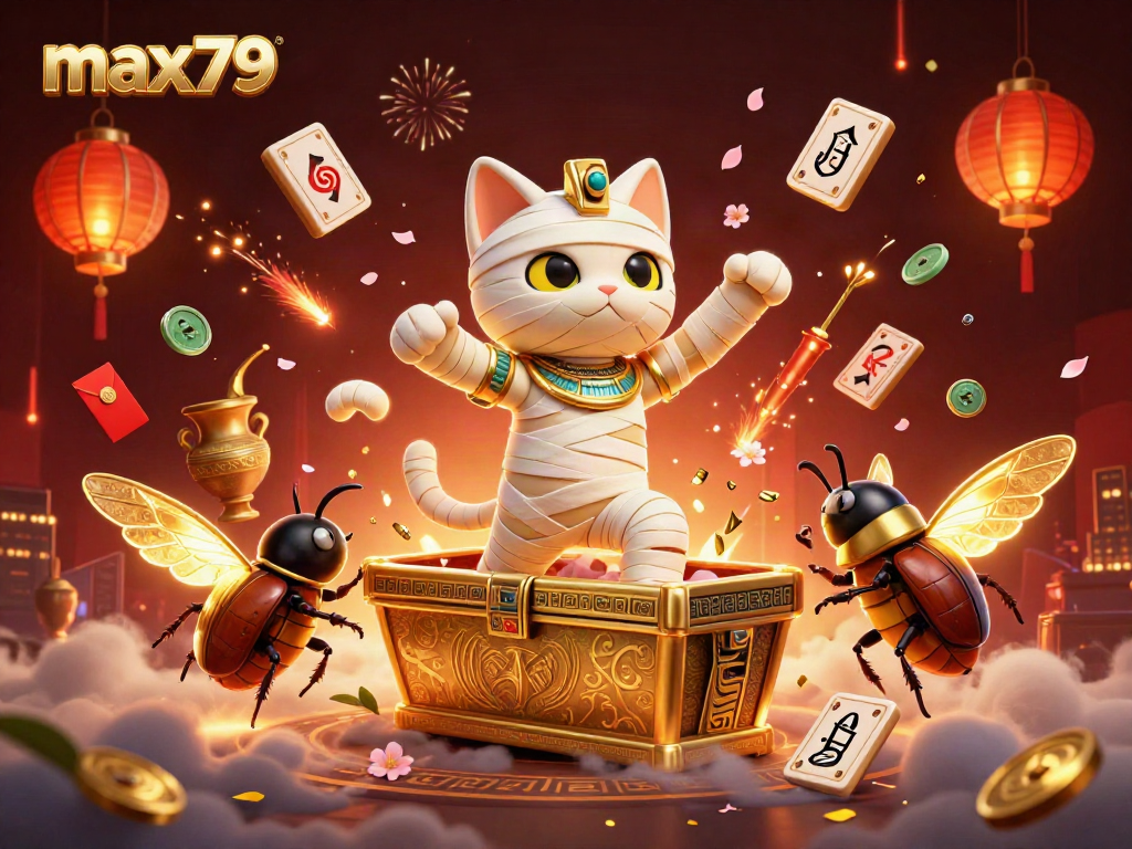Engage with max79's thrilling 3D casino scene featuring a mummy cat and vibrant gaming elements.
