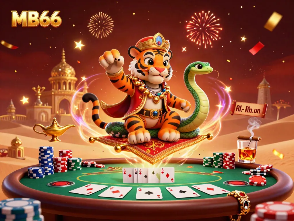 Engage in thrilling games at MB66 with a vibrant Arabian Nights-themed casino scene filled with poker elements.