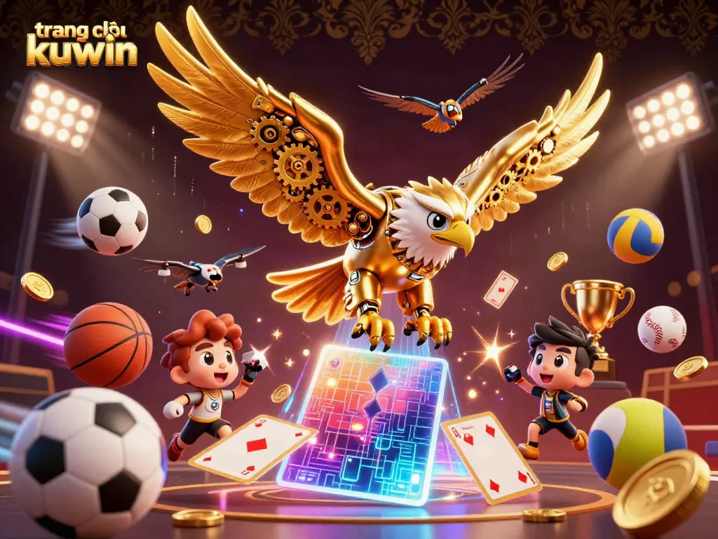 An engaging scene of the trang chủ kuwin where a cybernetic eagle and sports elements collide in a dynamic 3D casino illustration.