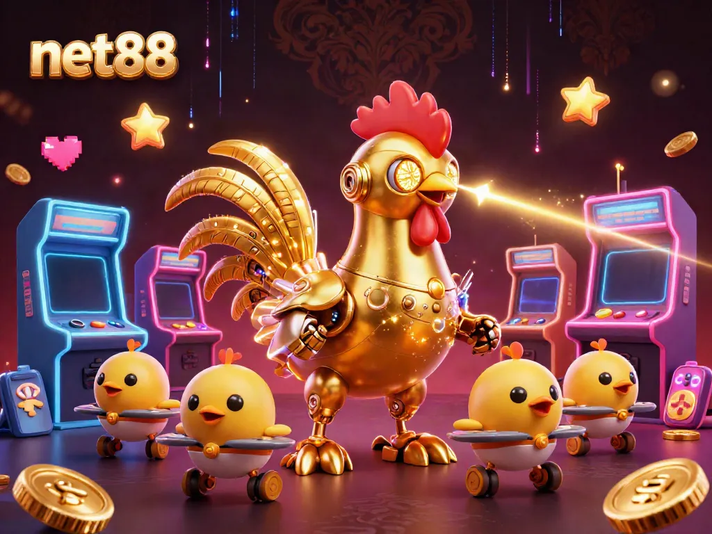Experience thrilling gaming with net88's futuristic rooster robot and vibrant arcade elements!