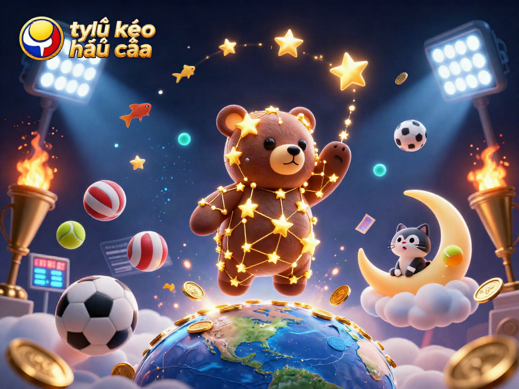 Engage with tỷ lệ kèo nhà cái through an energetic illustration showcasing a constellation bear and sports elements.