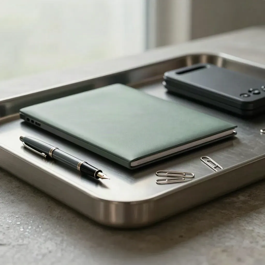 Brushed-steel dossier tray with laptop, pen, clips and desk phone in rain-soft studio light.