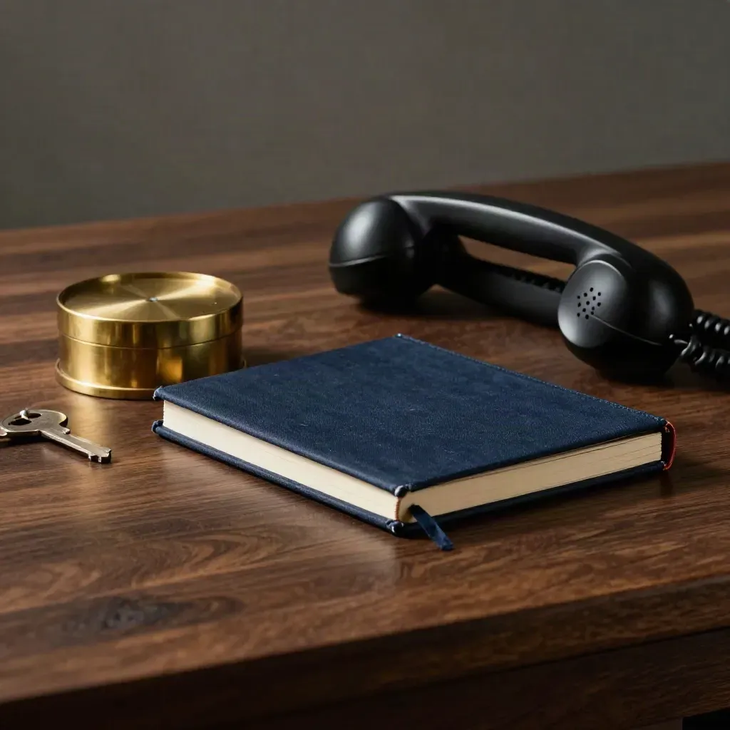 Brass paperweight, navy notebook and phone handset on dark walnut in dramatic light