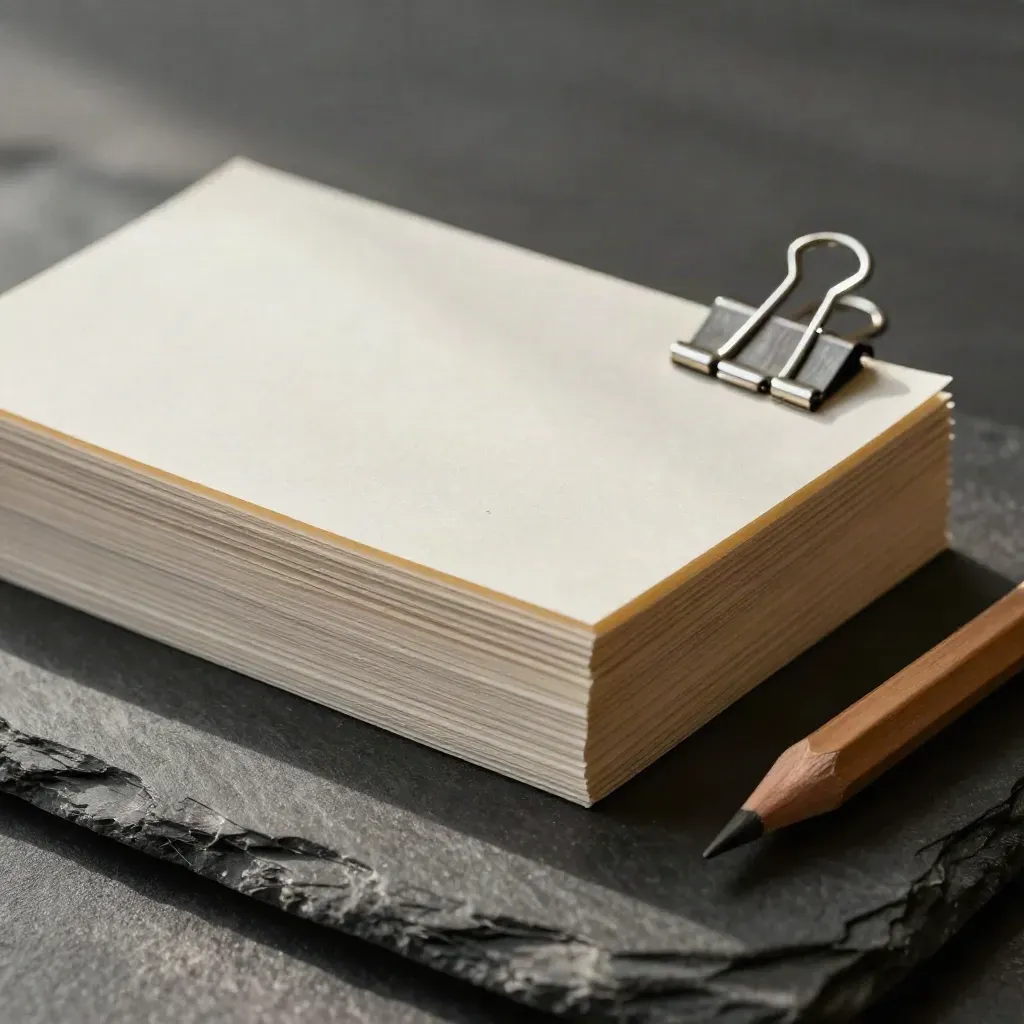 Macro still life of blank cards, silver clips and a graphite pencil on slate.