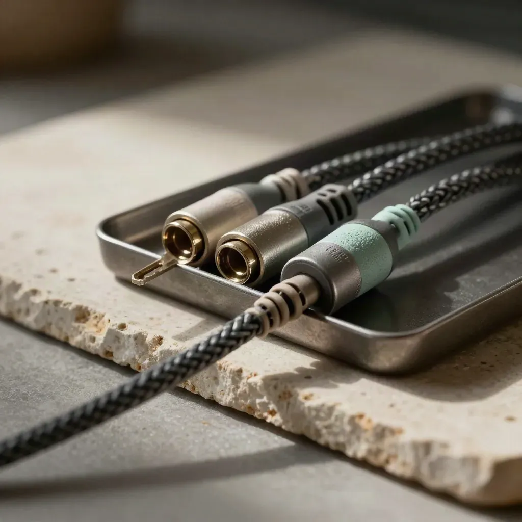 Patch cables, rack key and connector tray on stone with soft bokeh and directional light.