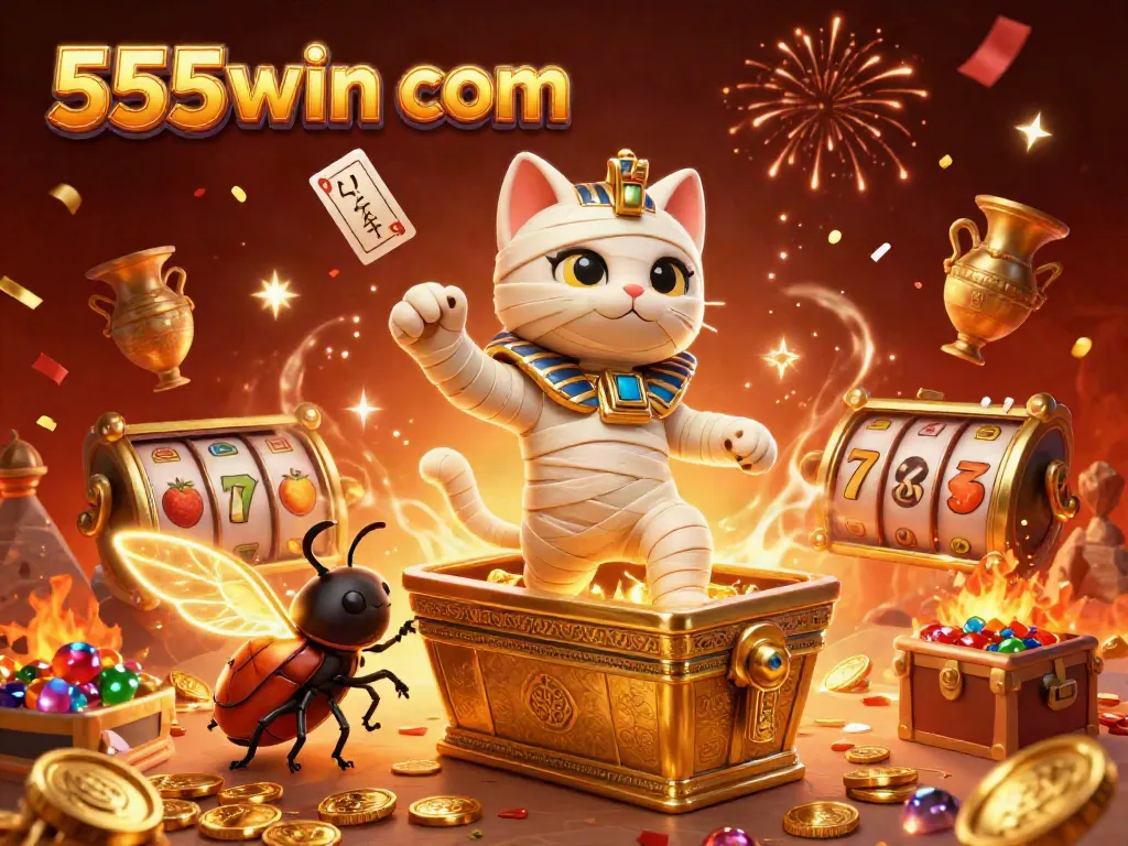 Win big with 555win com as an Egyptian mummy cat plays with floating hieroglyph cards in a vibrant casino.