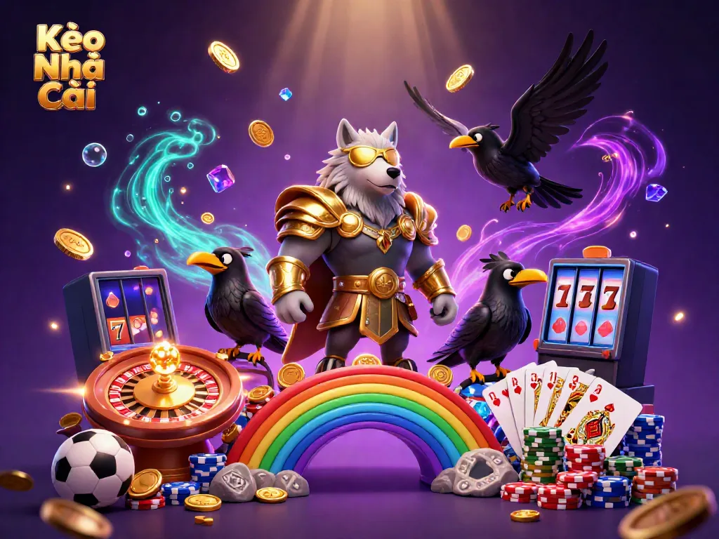 Engage with Kèo Nhà Cái sports betting illustrated by Odin wolf and ravens amidst casino elements.