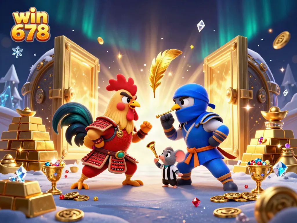 Witness an intense showdown with win 678’s fighting roosters, showcasing dynamic gambling elements amid a treasure-rich casino setting.