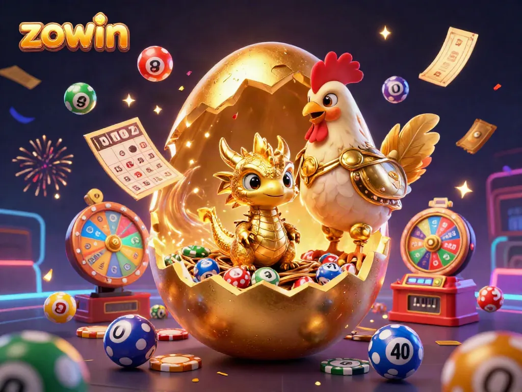 Spin to win with zowin: a dazzling scene featuring a draconic guardian and vibrant casino elements.